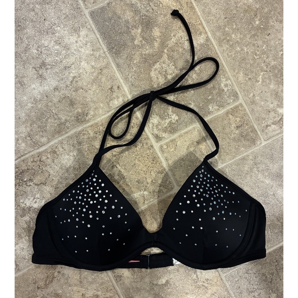 Victoria's Secret Black Very Sexy Push Up Swim Bra Rhinestone Strap Bling Y2K